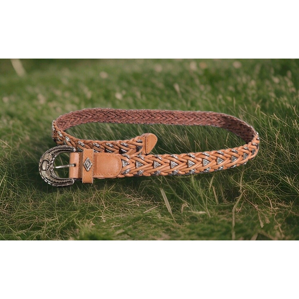 VINTAGE OMEGA LEATHER BELT SIZE SMALL 33.5" BROWN/SILVER GUC